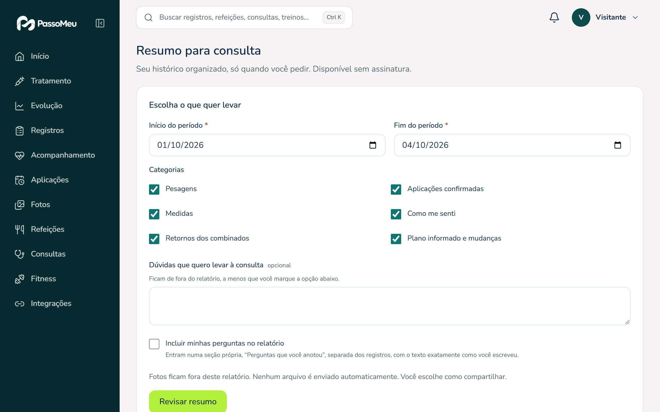 Tela Resumo para consulta do PassoMeu, conta de demonstração: escolha de período e categorias, prévia revisável e geração do arquivo privado.